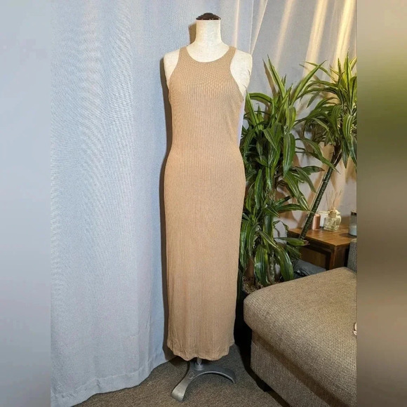 Reformation Tan Brown Dress Maje Ribbed Knit Midi Sleeveless Medium - Picture 3 of 9